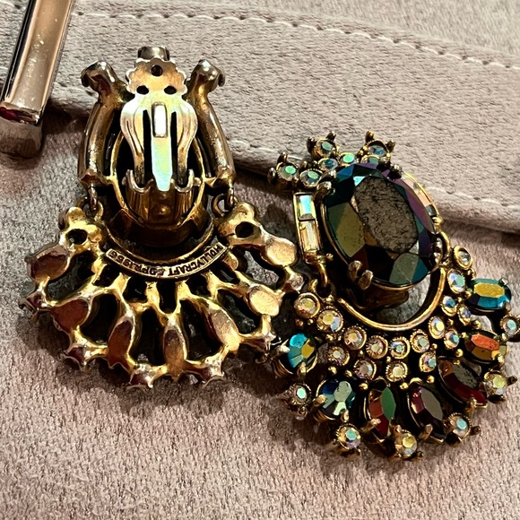 COLLECTOR ITEM Vtg Hollycraft 1956 Peacock Clip Earrings Emerald Articulated - Picture 3 of 7